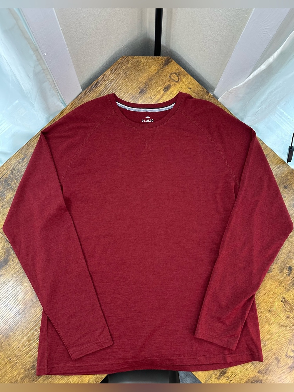 01.Algo 100% Merino Wool Performance Long Sleeve Tee Shirt, Rust, XL